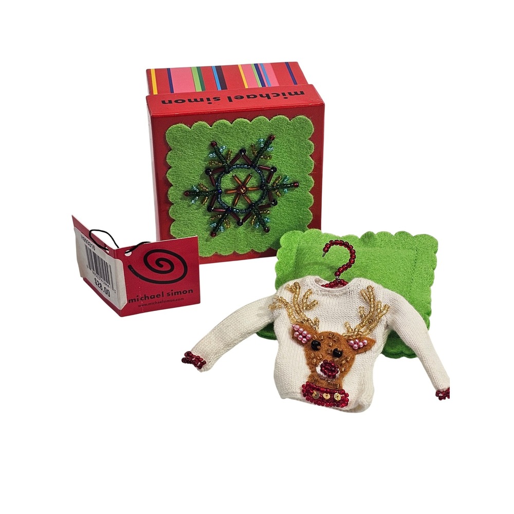 Michael Simon H093316 Reindeer Sweater Ornament Beaded White NWT Snowflake Box